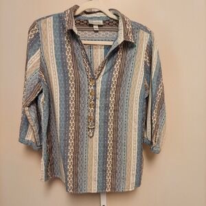 Dressbarn Woman 1X Blue Striped Cotton Top 3/4 Sleeve Boho Coastal Cottage